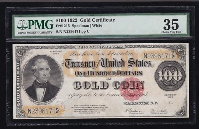 US 1922 $100 Gold Certificate FR 1215 PMG 35 Ch VF (171) - Image 1 of 2