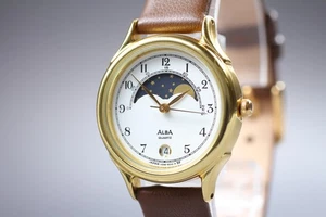 Vintage [Exc+5] SEIKO Alba V318-6010 27mm Moon Phase Quartz Women Watch JAPAN - Picture 1 of 11