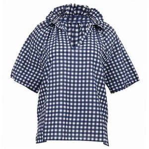 A Shirt Thing Margot Gingham Blouse XS Blue White Check Ruffle Neck 100% Cotton - Picture 1 of 13