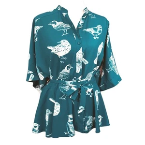 ESHAKTI Wayward Fancies Bluse Top M8/10 türkis Vogel Neuheit Druck skurril - Bild 1 von 10