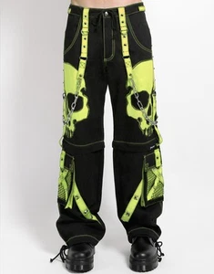 Pantaloni SCARE DARK STREET - Pantaloni gotici neri verde fluo con teschio e spalline - Foto 1 di 5