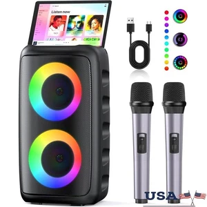 Karaoke Machine Bluetooth Speaker 2 Mic LED Light Show TWS 8H Playtime New - Picture 1 of 8