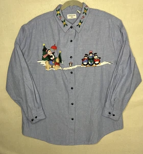 Weihnachtsshirt extra groß Pinguin blau Chambray bestickt Kragen Urlaub - Bild 1 von 12