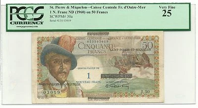 Saint Pierre and Miquelon Banknote 1 N Franc O 50 Francs P30a ND 1960 PCGS VF 25 - Image 1 of 4