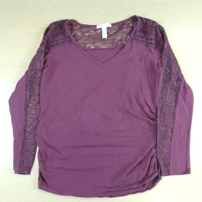Ambiance Maternity Top V-Neck Ruched Maroon Lace-Detail Blouse Size Large - Image 1 of 4