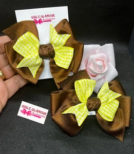 School Brown Yellow Gingham Hair Bobbles Headband Clip Bow Uniform Dress Band - Picture 1 of 1