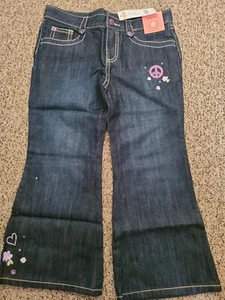 New Gymboree 6+ PEACE Sign JEANS Floral Heart Flap Pocket girl 6 Plus - Picture 1 of 4