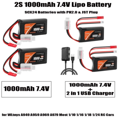 2 Stück 7,4V 1000mAh 2S Lipo-Batterie mit PH2.0 & JST-Stecker plus USB-Ladegerät - Bild 1 von 4