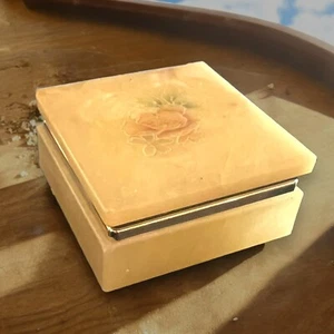 Hand Carved Alabaster Trinket Box Floral Inlay Pink Rose Lidded Italy Vintage - Picture 1 of 9