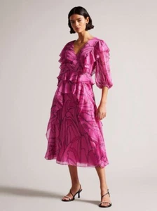 Vestido TED BAKER Victoir Brillo Abstracto Atado Delantal Volantes 4 Nuevo con Etiquetas $445 - Imagen 1 de 14