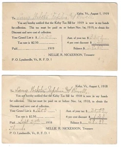 1918-19 Kirby, VT Tax Bill Notification Long Webster Taplin Powell Postal Cards - Picture 1 of 2