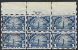 U.S., 1924, Scott #616, 5c Walloon, Top Plate Block of 6, Mint, Never Hinged - Picture 1 of 1