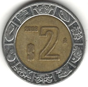 2008 Mexican 2 pesos ~ BIMETALLIC ~ YOU GRADE IT ~ PLEASE SEE THE SCAN stkp01751 - Picture 1 of 4