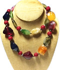 Chunky Marble Lucite Bead Necklace Colorful Multicolor Pinks Red White 80's 36"