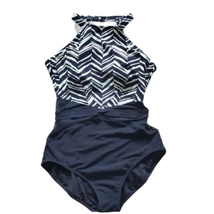 Profile by Gottex Womens Swim One Piece Sz 10 Black White Stripes Top Sheer Mid - Picture 1 of 12