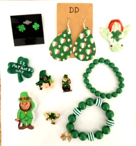SET Schmuck St Patrick Vintage PINS OHRRINGE ARMBAND Kleeblatt Kobold Brosche - Bild 1 von 2