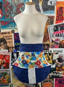 Vintage 60s-70s Blue Floral Flower Print Cotton Half Apron Hostess Housewife - Picture 1 of 9