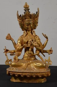 Antique Tibetan Bronze Gilt 3 Head 8 Arm Namgyalma Ushnishavijaya Buddha 11.5" - Picture 1 of 19