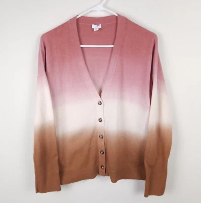 J Jill Sweater Women Medium Petite Pink White Brown Tie Dye Stripe Cardigan - Image 1 of 4
