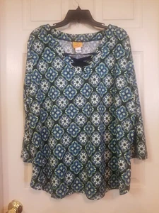 Blusa Ruby Rd Top 2X Azul Verde Floral Cuello Redondo Elastizado Suave L/W Usada en Excelente Condición - Imagen 1 de 7