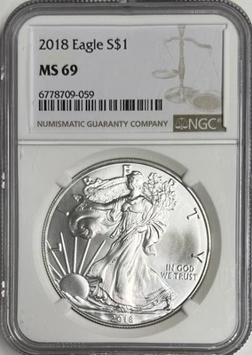 2018 American Silver Eagle S$1 MS69 NGC  - Image 1 of 4