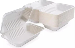 Biodegradable Compostable Bagasse Clamshell Boxes Takeaway Food Containers 9x6'' - Picture 1 of 4