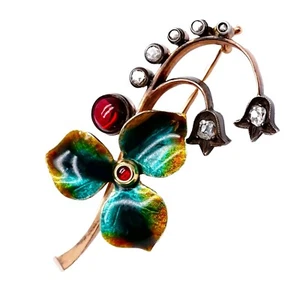 Broche prendedor flor lirio del valle diamante oro 14K victoriano imperial joyería - Imagen 1 de 24