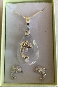 Nuevo Juego de Collares y Pendientes Colgantes de Delfín Lágrima de Cristal Transparente en Plata - Imagen 1 de 4
