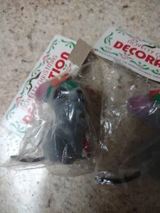Vtg Flocked Mouse Xmas ornaments lot NOS NEW gray w/ candy cane 1984 decoration - Picture 1 of 8