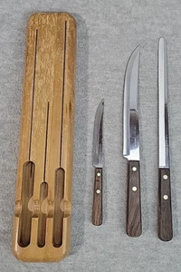 Feuerstein Pfeilspitze 3 Messer Set Edelstahl Vanadium USA mit Holzblock Vintage - Bild 1 von 23