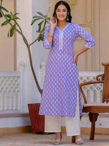 Indian Women BEAUTIFUL Purple Cotton Printed Kurta Kurti Top Tunic New Dress - Picture 1 of 7