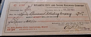 ATLANTIC CITY AND SHORE RAILROAD AMUSEMENT PUBLISHING CANCELLED CHECK! e6213TXX - Picture 1 of 2