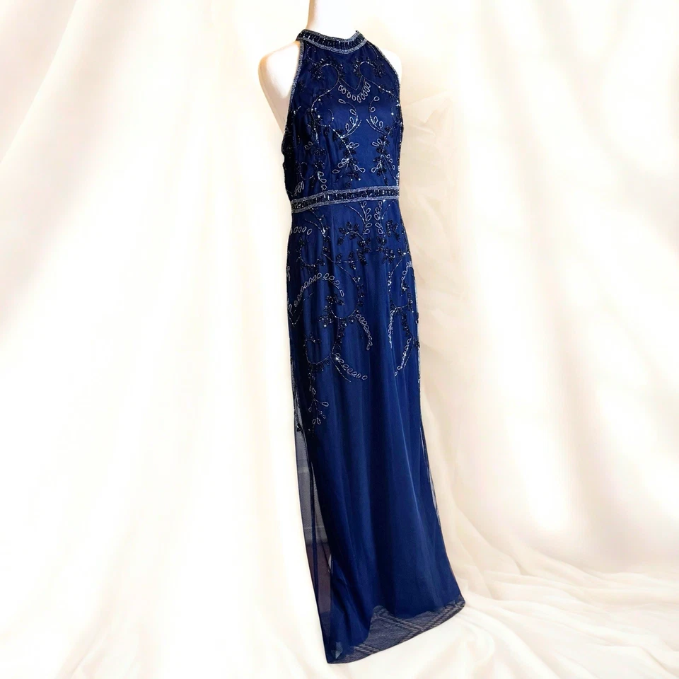 Maxi Vestido de Noche Formal Adrianna Papell Para Mujer 10 Azul Marino Con Cuentas Lentejuelas Malla Foto 1 de 4