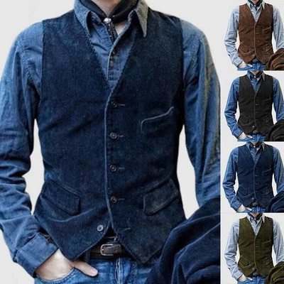 Retro Vintage British Style Men's Slim Fit Corduroy Button up Waistcoat Coat - Image 1 of 4