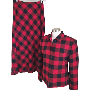 Buffalo 格子长裙套装夹克女式 8 假日红色黑色 100% 羊毛 — 第 1/4 张图片