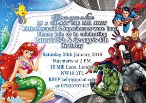 10 x Personalised Birthday Invitations Ariel Superheroes Spiderman Mickey Mouse