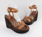 Miu Miu Auth Brown Tan Leather Suede Wedge Platform Heel Sandal Shoe 36 6