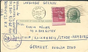 NewYork, NY to Hamburg, Germany 1946 2c Prexie uprating UX27 (C4802) - Picture 1 of 1