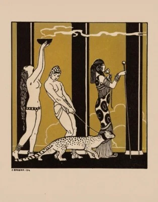 Leopardo na coleira George Barbier 1914 Art Deco impressão ilustração da moda - Imagem 1 de 2