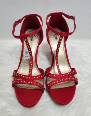 Fioni 夜跟绑带踝高跟鞋细高跟鞋红色缎面金色镶嵌 8 S-50 码 — 第 1/4 张图片