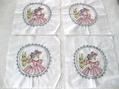 Vtg Parasol Sunbonnet Lady Quilt Squares 4  Embroidered Flower Girl Belle Sue - Image 1 of 4