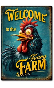 Rustic Metal Funny Farm Chicken Sign Welcome Home Decor Barnyard Theme Rooster - Picture 1 of 5