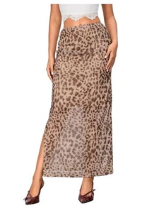 Women's Leopard Print Mesh Skirt Ruched Split Thigh Low Waist Maxi Skirts Cof... - Picture 1 of 7