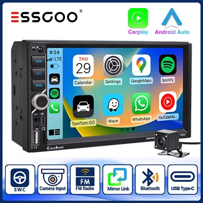 Double 2 DIN 7" Car Radio Stereo Touch Screen For Apple CarPlay/Android Auto USB - Image 1 of 4