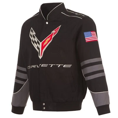 Corvette Racing Jacket Collage Embroidered Cotton Men JH Design Black New - Image 1 of 4