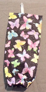 Handmade Cloth Plastic Bag Holder "Black with Butterflies" Storage 16" long - Picture 1 of 2