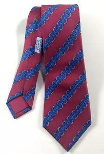 Hermes Mens Silk Necktie Red Striped Blue Chain Pattern 7079 OA Made in France - Picture 1 of 5