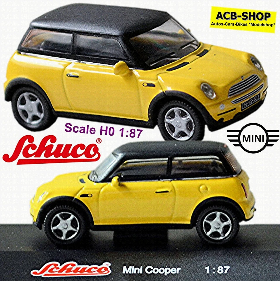 BMW Mini New Mini Cooper R50 2001-06 Giallo + Tettuccio: Nero 1:87 Schuco 21923 - Immagine 1 di 4
