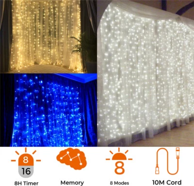 Christmas Fairy Curtain Light with 200/300LED,2mx2m/3mx3m with 10M lead,8H Timer - Image 1 of 4