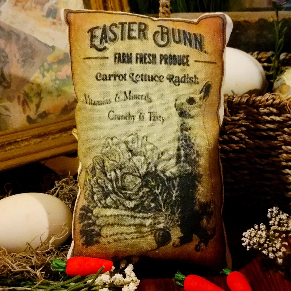Primitive Farmhouse Easter Bunny Fresh Produce tuck pillow peg/door hanger - Image 1 of 1